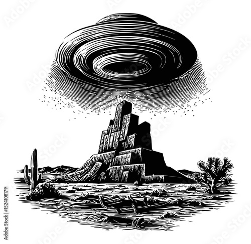 Surreal Landscape with UFO Over Mountainous Terrain and Desert Vegetation