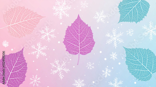 Colorful autumn leaves and snowflakes on pastel background create festive winter scene with cheerful and calm mood