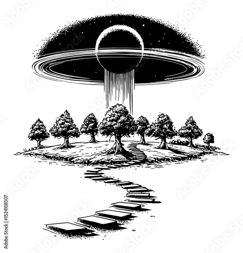 Engraving of a Surreal Landscape with Trees and a Planetary Orbital Design