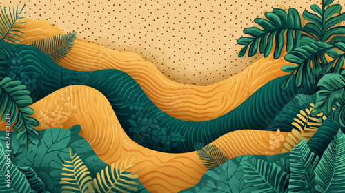 Vibrant digital illustration of lush jungle foliage with layered green leaves and golden hills, creating lively tropical scene