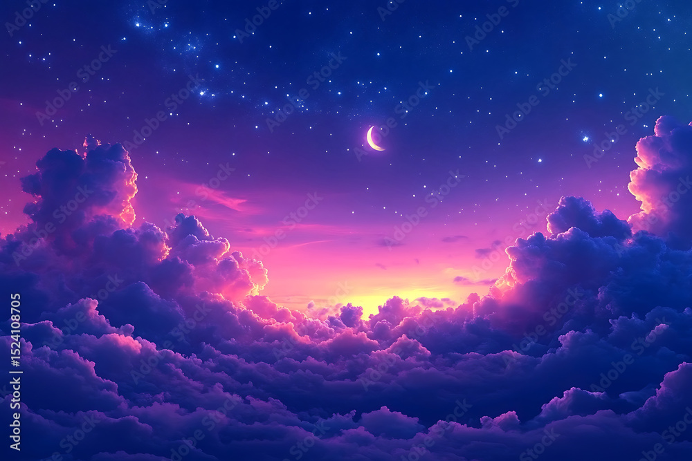 Fototapeta premium Dreamy nightscape with crescent moon and clouds illuminated by sunset and starry sky