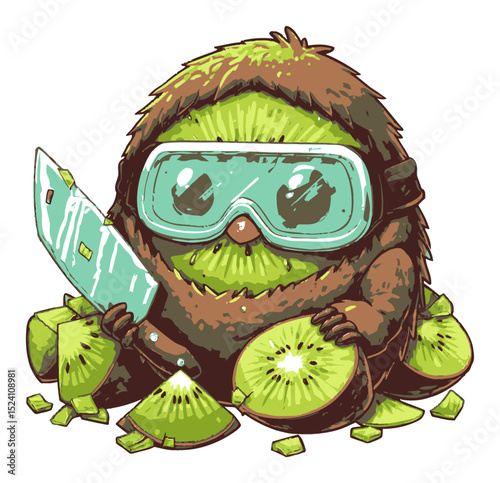 Cute Cartoon Character with Kiwi Slices and a Chef's Knife in a Fun Style