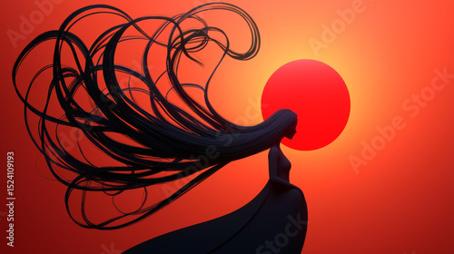 Silhouette of woman with flowing hair against sunset background with large red sun, creating dramatic and artistic scene