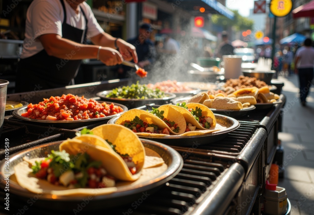 Obraz premium Street food tacos being prepared and served at an outdoor market stall
