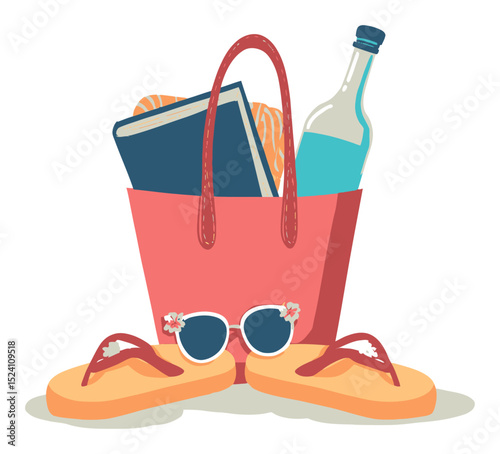 Summer Cartoon Illustration of Bag with Accessories for Vacation Enjoyment