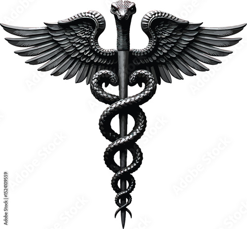 Ornate metal caduceus medical symbol with wings