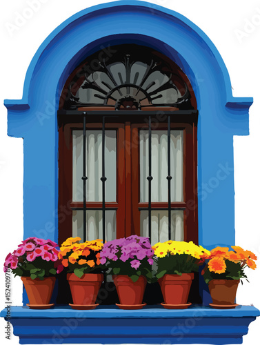 Vibrant flower box on a blue arched window