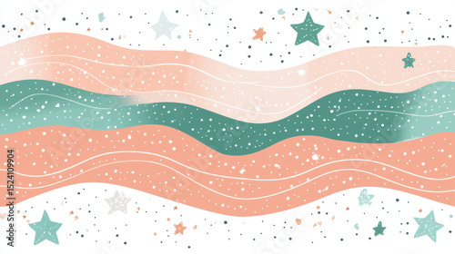 Abstract colorful wavy lines with stars and dots whimsical and dreamy design pastel shades of pink green and white artistic
