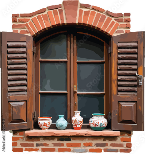 Arched brick window with wooden shutters and pottery