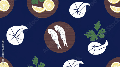 Pattern of seafood and herbs dark background, featuring shrimp, lemon slices, and cilantro, creating fresh and vibrant