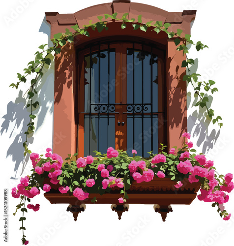 Ornate window with pink flowers and vines