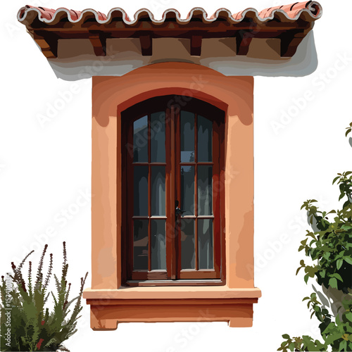 Spanish style architectural window with plants