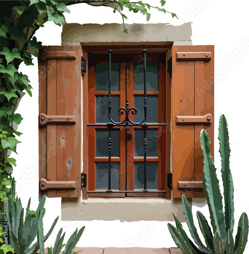 Mediterranean style window with wooden shutters and iron grill