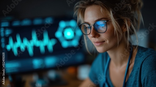 Woman Working on Health Data Analysis with Computer in Dark Room