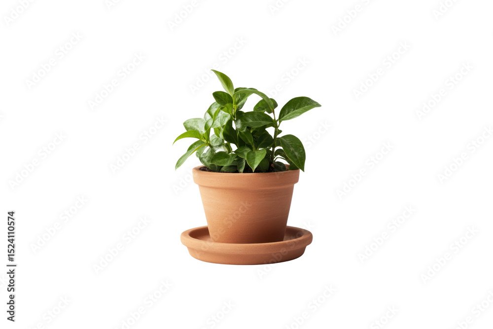 Obraz premium Small Potted Plant: A vibrant, healthy green plant thrives in a terracotta pot with a matching saucer. The plant shows strong growth and healthy leaves.