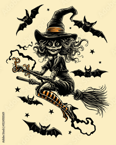 Spooky Witch Flying on Broomstick Surrounded by Bats and Stars for Halloween