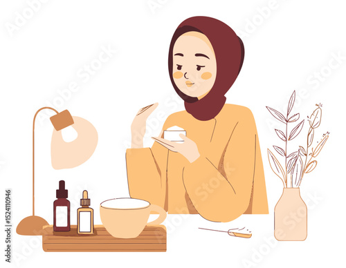 Warm and Cozy Cosmetic Illustration with Character at a Beauty Routine Table