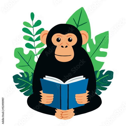 Chimpanzee Reading Book in Jungle 
