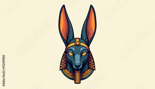Anubis mask with balanced ears and ankh necklace, geometric symmetry, stylized fangs, Egyptian mythology
