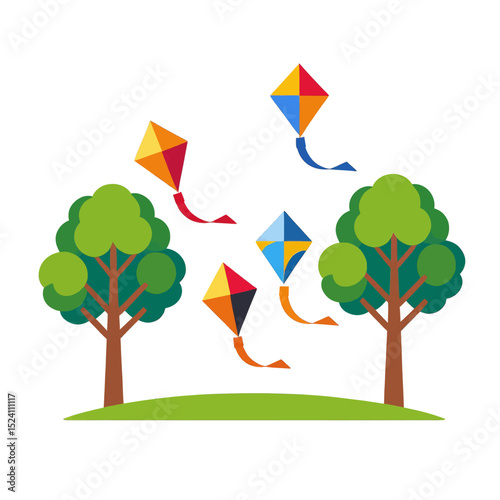 Colorful-kites-flying-over-trees-and-grass-vector-illustration