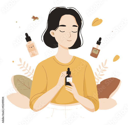 Woman Holding Cosmetic Bottle with Natural Ingredients in Vector Illustration