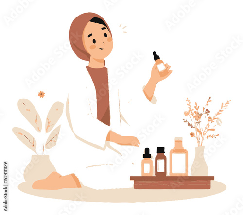 Woman with Cosmetic Products in a Minimalist Illustration Style