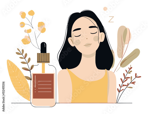 Woman with Cosmetic Bottle Surrounded by Floral Elements and Serenity Vibes