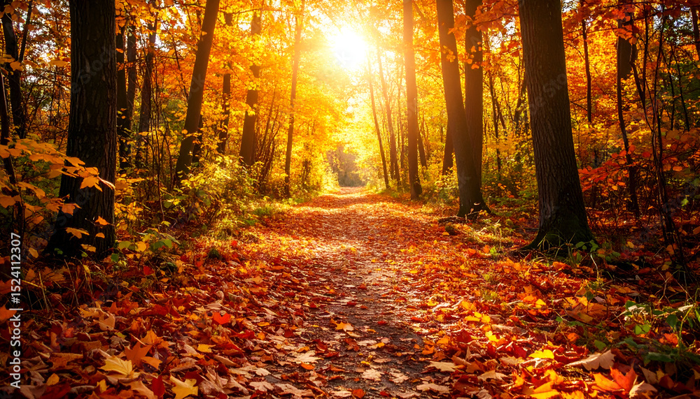 Obraz premium A warm, colorful autumn forest scene with a leaf-covered path, golden and red trees, and soft sunlight creating a cozy, peaceful vibe in crisp clarity.