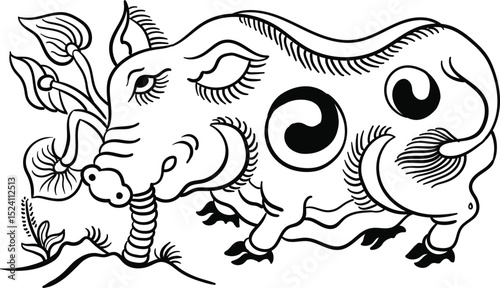 Hand-drawn Dong Ho folk coloring picture illustrating a pig eating taro. Print on demand.