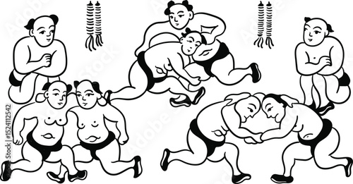 Hand drawn Dong Ho folk coloring pictures illustrating wrestling. Print on demand.