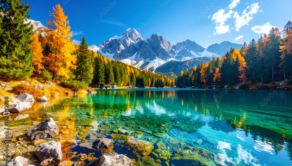 Obraz premium A pristine alpine lake mirrors majestic snow-capped mountains and pine trees, with vibrant colors and glass-like stillness in stunning 4K resolution.