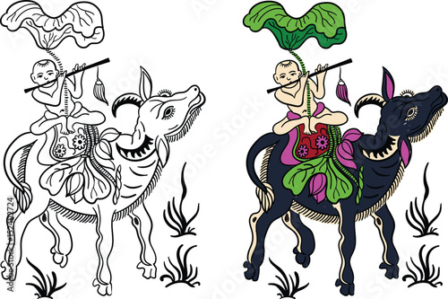 Hand-drawn illustrated coloring book about Dong Ho folk painting of a buffalo boy. Printed on demand.