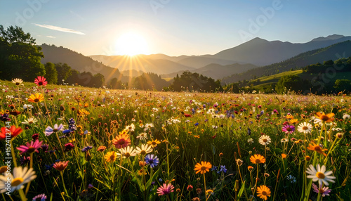 A bright and colorful meadow full of blooming wildflowers under a clear sky, showcasing vibrant petals, soft grass, and natural beauty in full detail.