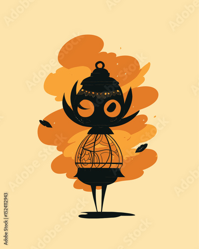Whimsical Cartoon Character with Lantern and Unique Patterns in Orange Background