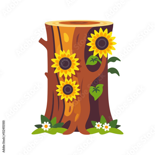 Tree-stump-with-sunflowers-cartoon-illustration-nature-vector