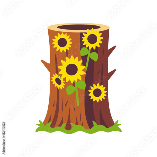 Tree-stump-with-sunflowers-cartoon-illustration-nature-vector