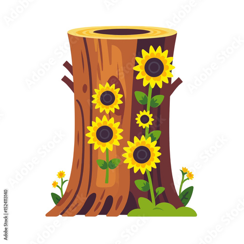 Tree-stump-with-sunflowers-cartoon-vector-illustration