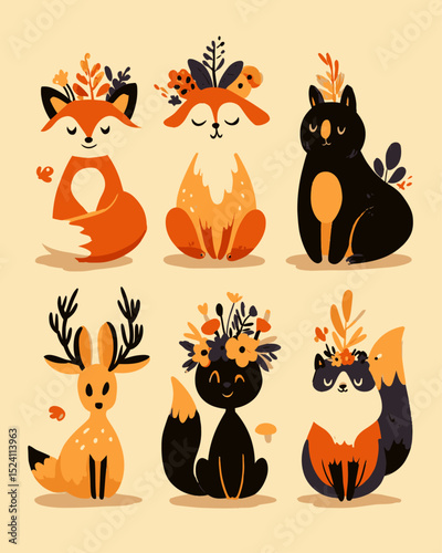 Cute Cartoon Animals with Floral Accents in Warm Tones and Playful Designs