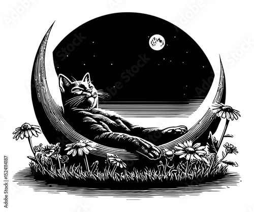 Cat Reclining on Crescent Moon Surrounded by Flowers Under a Starry Sky