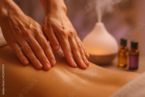 Relaxing massage session with aromatherapy, showing hands massaging oil on the back of a woman, with essential oils and a diffuser creating a calming atmosphere.