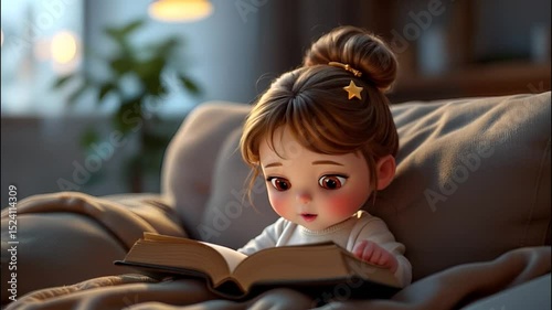 cartoon little girl with blonde hair reading a book on the sofa