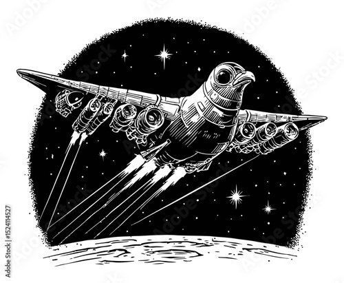 Futuristic Spacecraft Illustration Featuring Eagle Design in Engraving Style