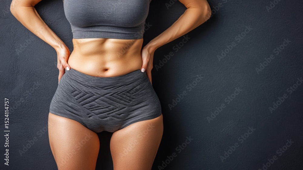 Fototapeta premium Woman with cellulite on thighs and abdomen against dark background