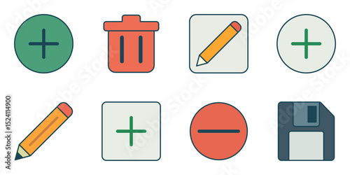 Vector interface button icons in flat design showing pencil, plus, minus, trash bin, and floppy disk