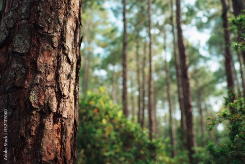 Close-up pine tree trunk in forest