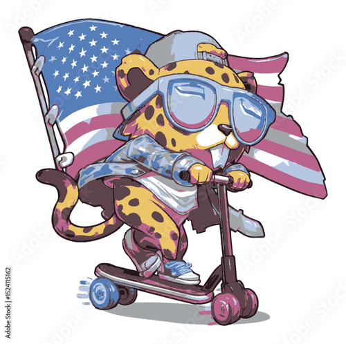 Playful Cartoon Leopard Riding Scooter with American Flag Background