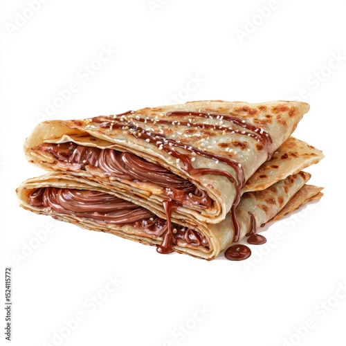 Delicious Crepes with Chocolate Spread and Drizzling Syrup on a White Background Perfect for Dessert or Snack Ideas