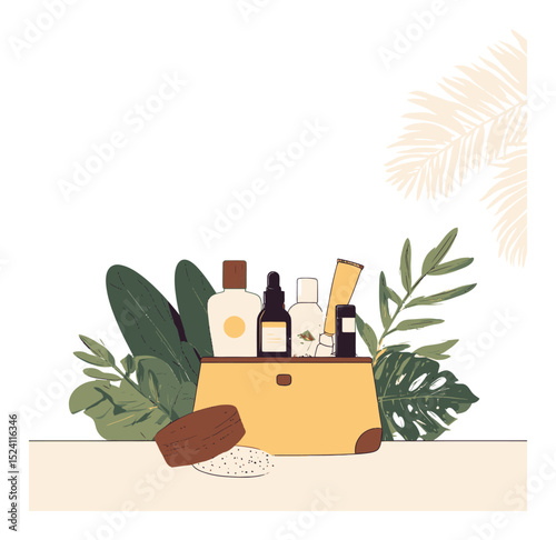 Illustration of Cosmetic Products in Stylish Organizer with Greenery Accents