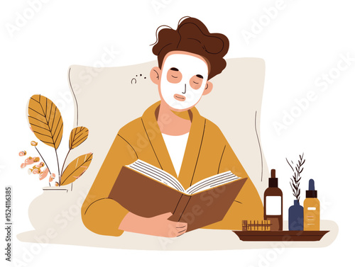 Relaxing Moment with Skincare Routine and Reading in Cozy Atmosphere