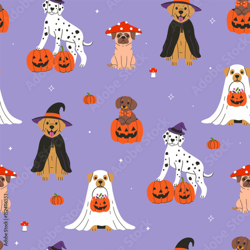 Seamless pattern with cute dogs in Halloween costumes. Vector graphics.